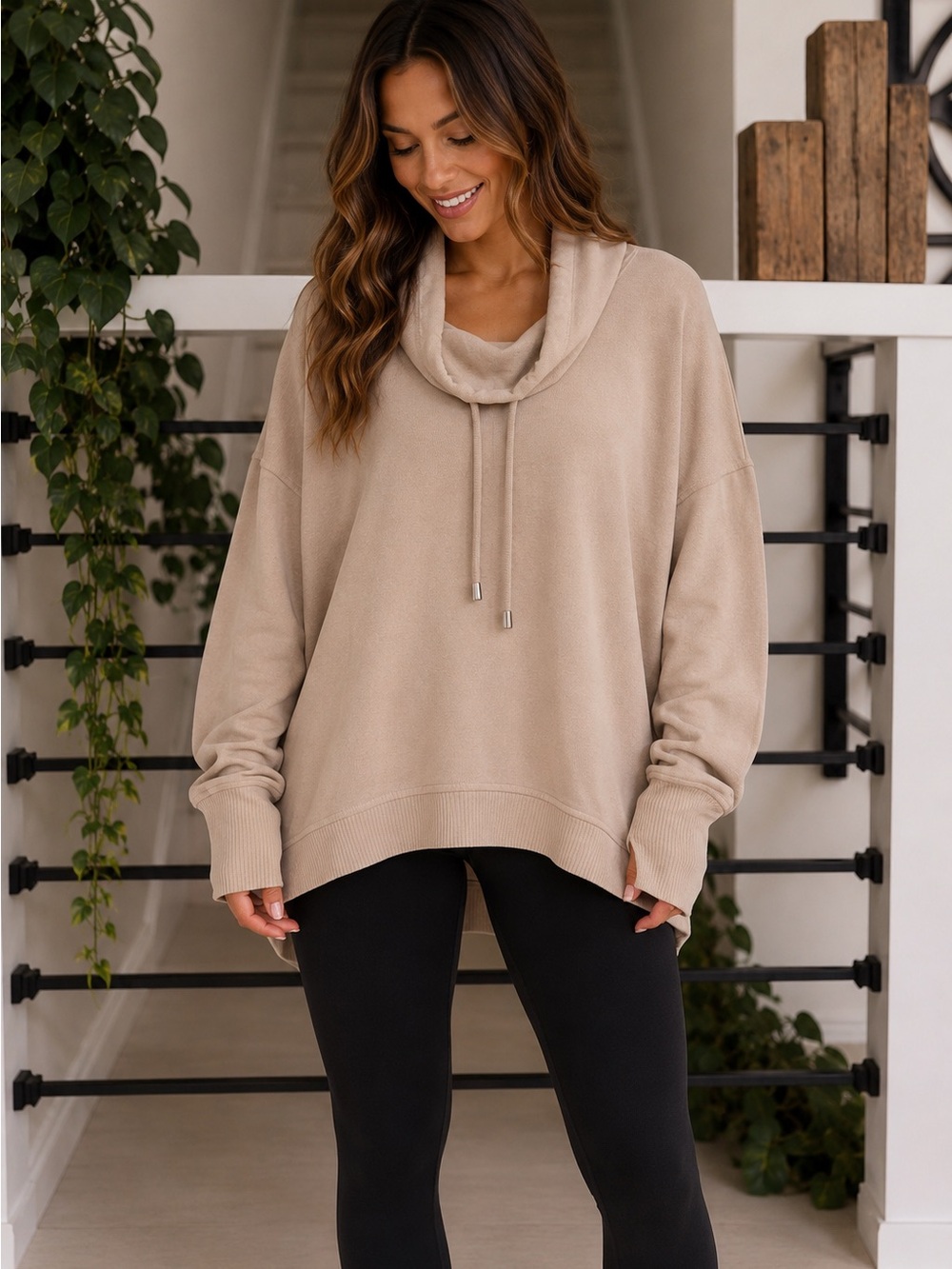 Cable & Gauge Studio Taupe Oversized Cowl Neck Sweatshirt Size Large
